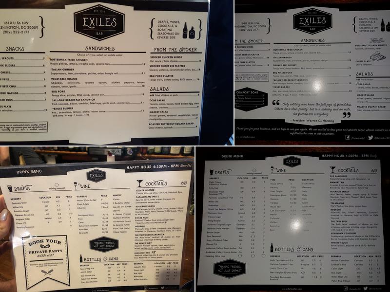 Exiles Bar Menu