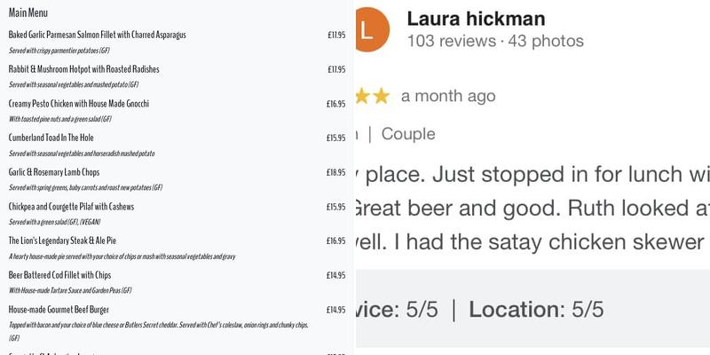 The Theberton Lion Menu