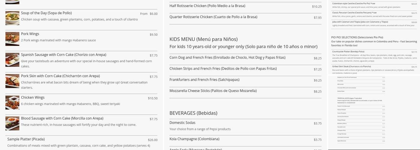 Pio Pio Restaurant Menu