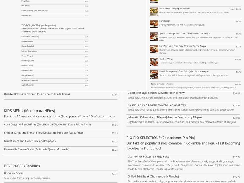 Pio Pio Restaurant Menu