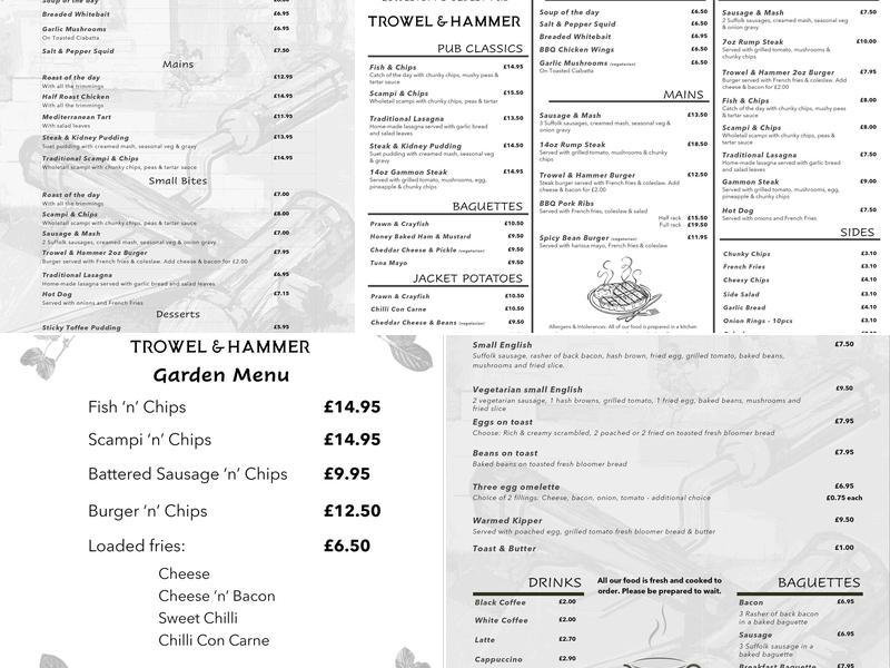The Trowel & Hammer Menu
