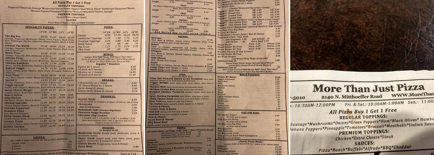 Just Pizza Menu