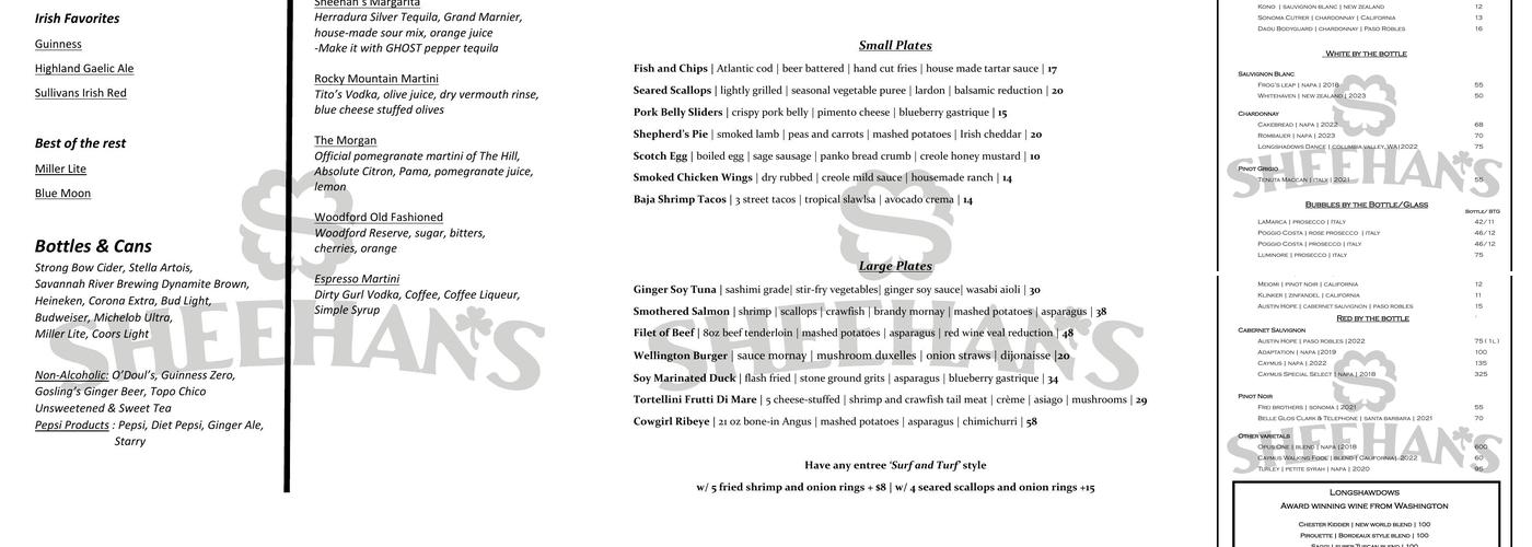 Sheehan's Irish Pub Menu