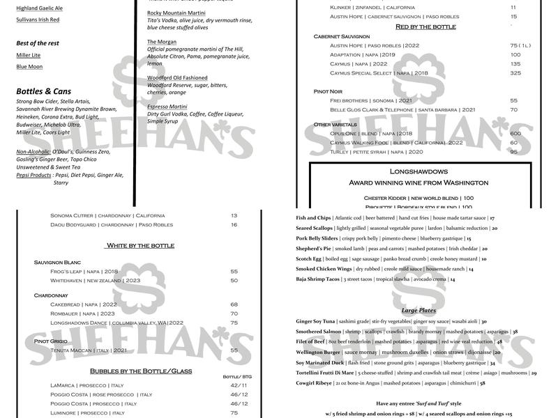 Sheehan's Irish Pub Menu