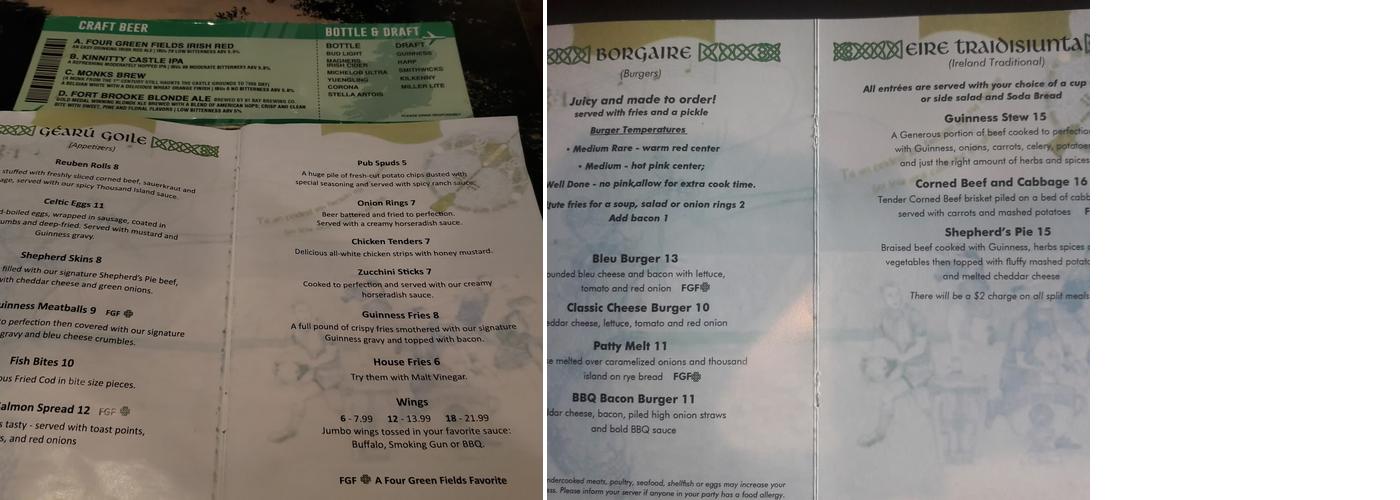 Four Green Fields Menu