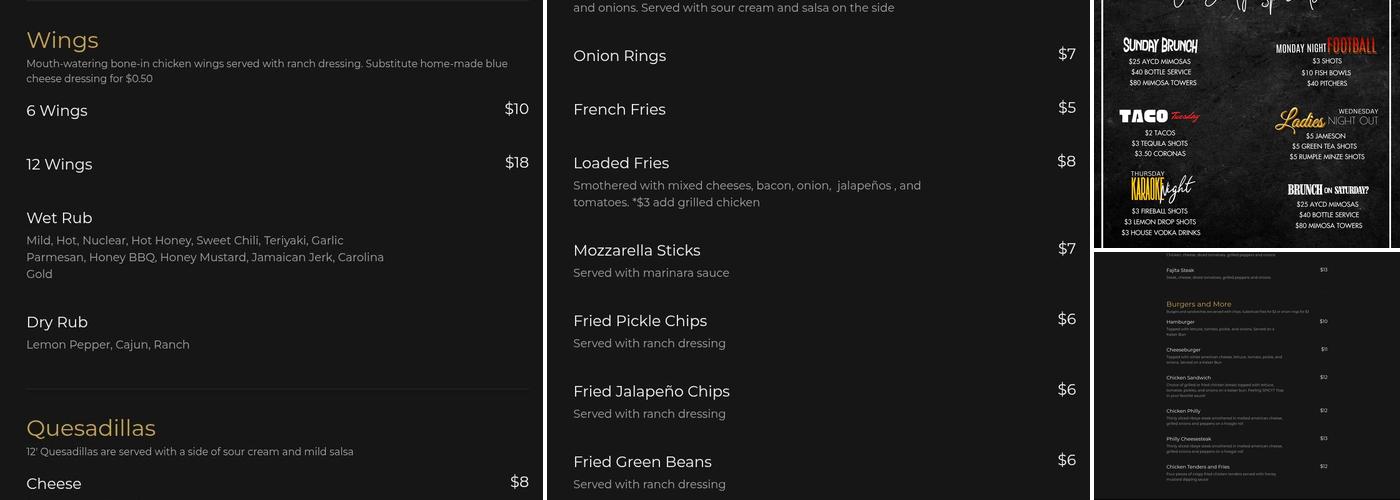 Pockets Pool and Pub Menu