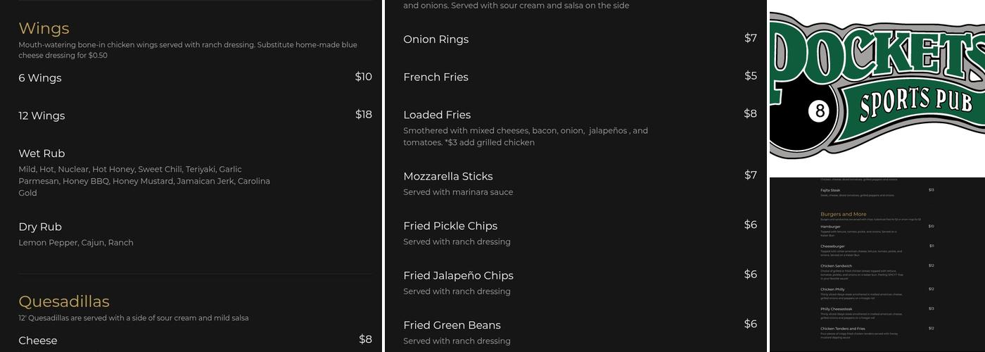 Pockets Pool and Pub Menu
