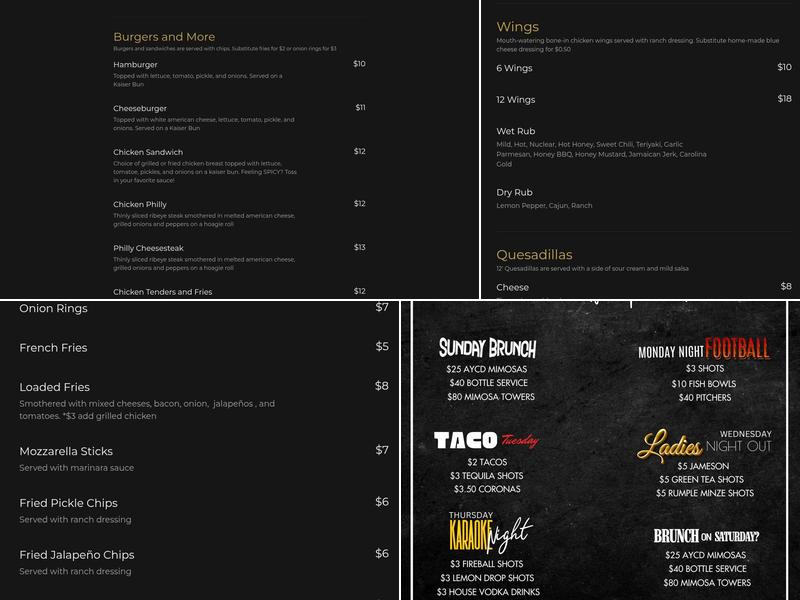 Pockets Pool and Pub Menu