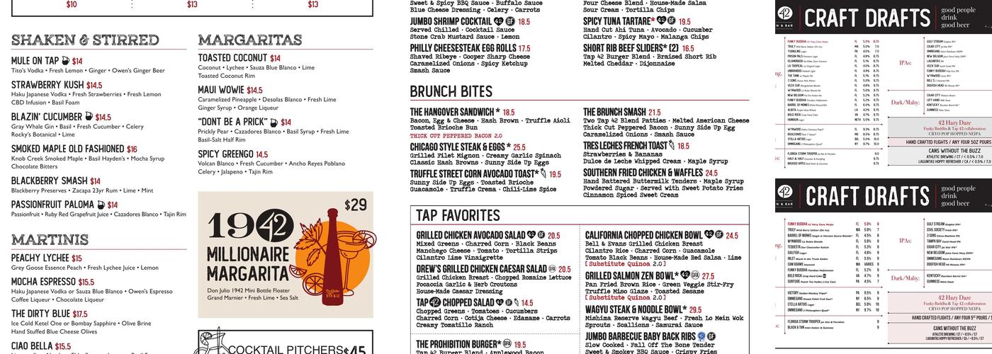Tap 42 Craft Kitchen & Bar - Boca Raton Menu