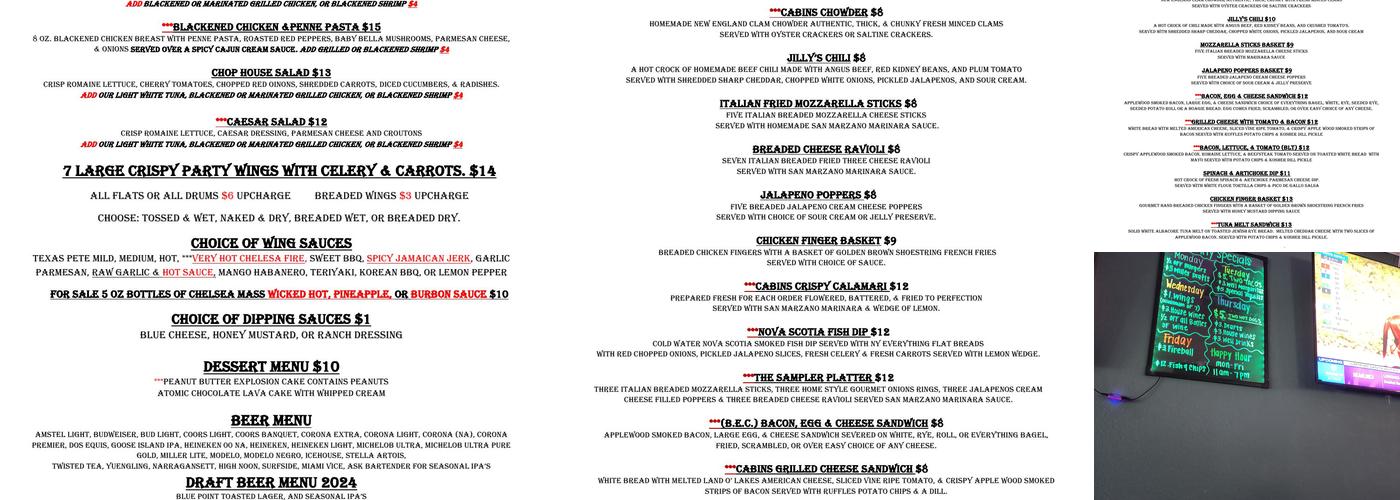 Cabins Bar & Grill Menu