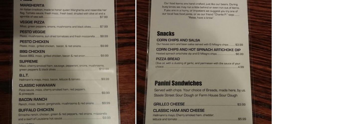 Steele Street Brewing Menu