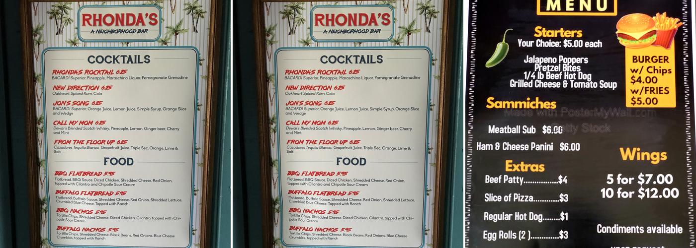 Rhonda's A Neighborhood Bar Menu