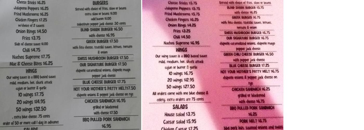 Blind Shark Tavern Bar Menu