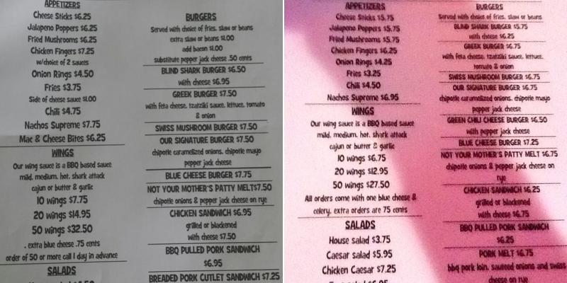 Blind Shark Tavern Bar Menu