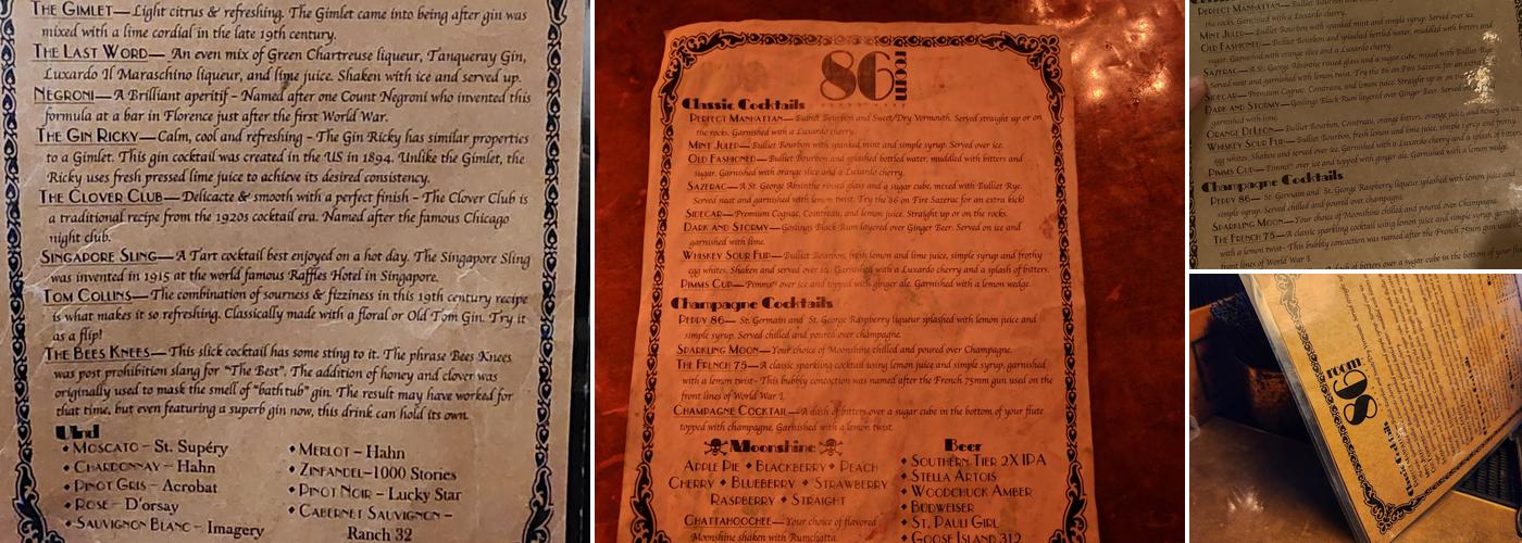 The 86 Room Menu