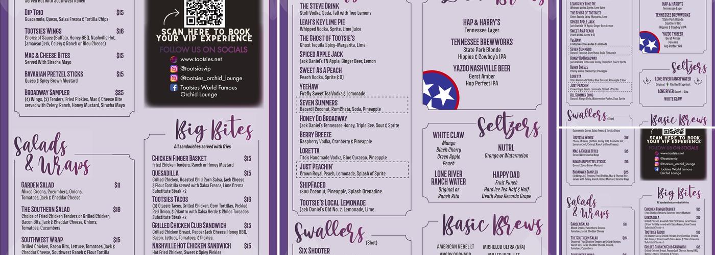 Tootsies Orchid Lounge Menu