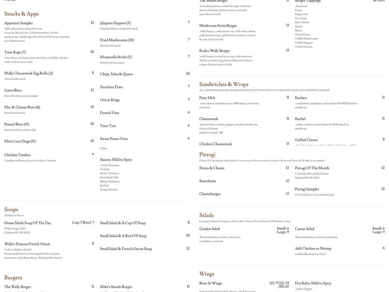 Wally's Pour House Menu