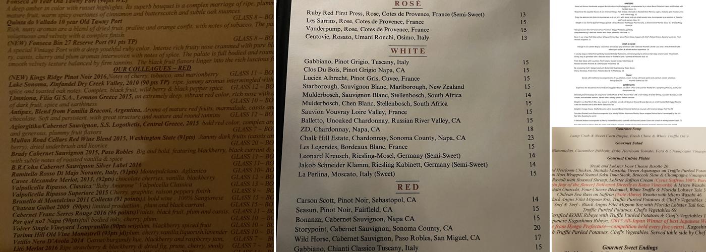 Katya Vineyards Menu