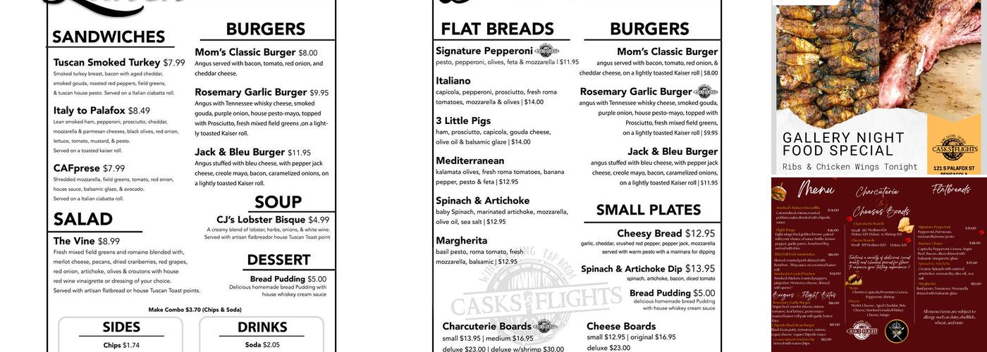 Casks and Flights Wine Tasting Room Menu