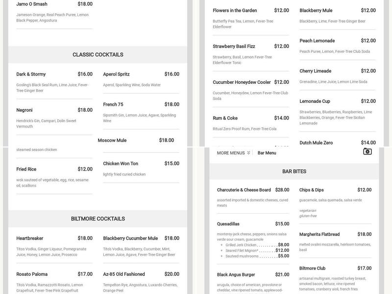 The Biltmore Bar Menu