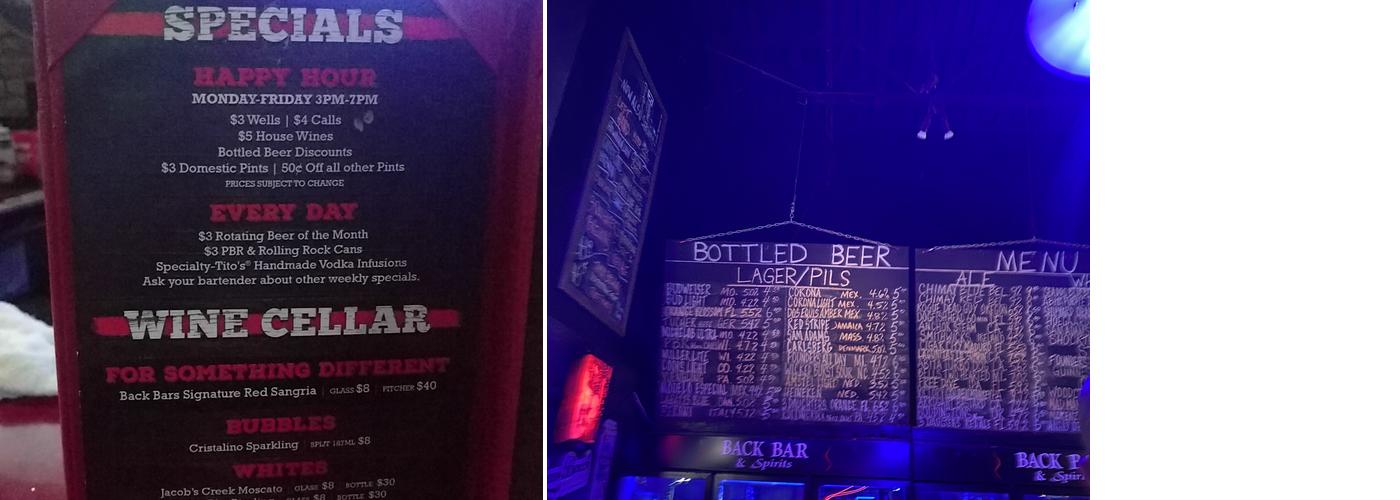 Back Bar Menu