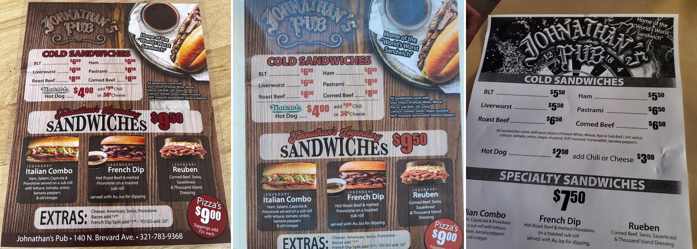 Johnathan's Pub Menu