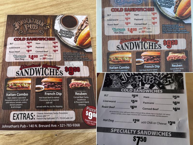 Johnathan's Pub Menu