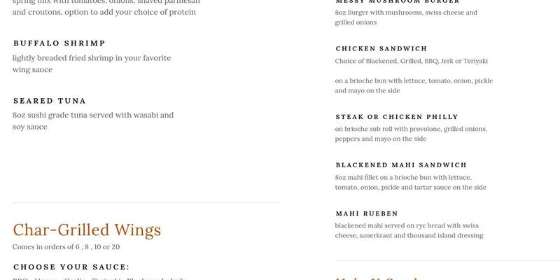 Hole In the Wall Pub Menu