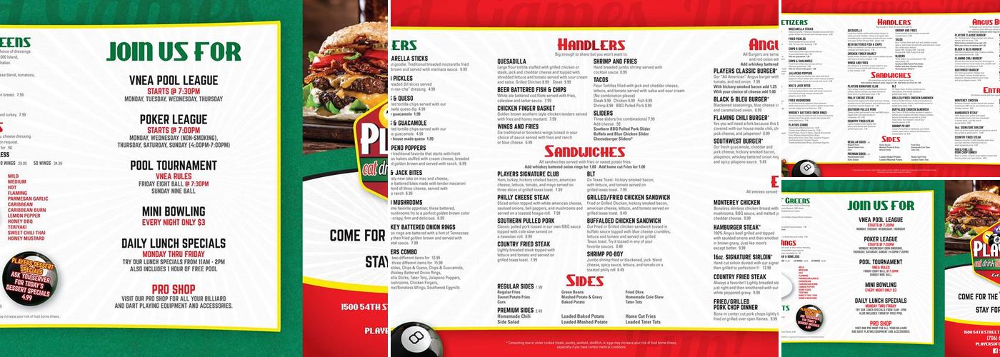 Players Billiards Menu