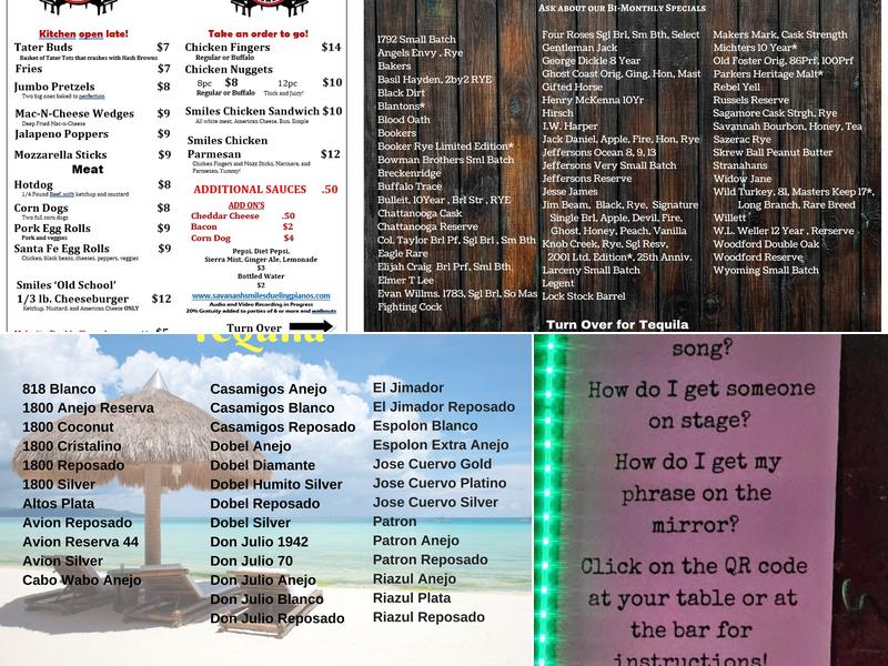 Savannah Smiles Dueling Pianos Menu