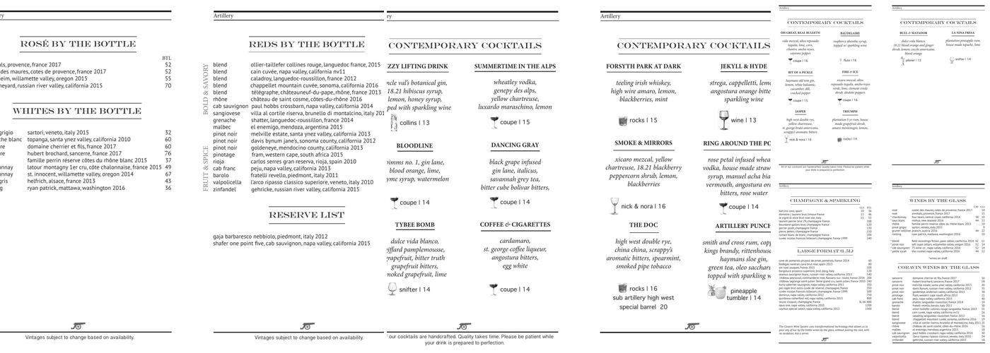Artillery Bar Menu