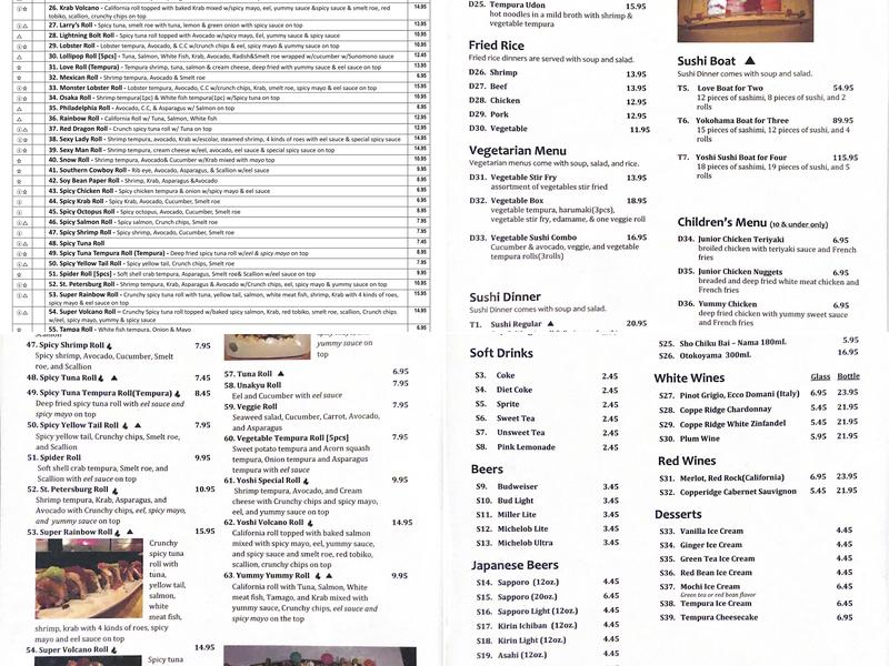 Yoshi Sushi Menu