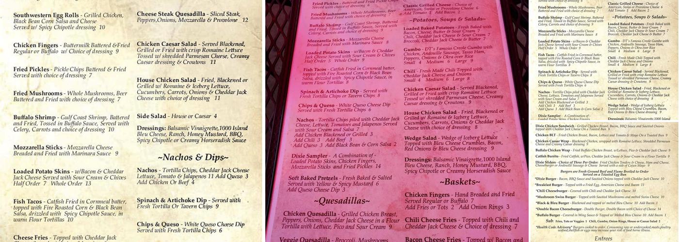 Dixie Tavern Menu