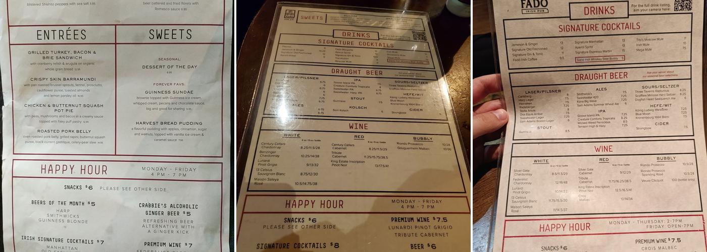 Fadó Irish Pub Menu