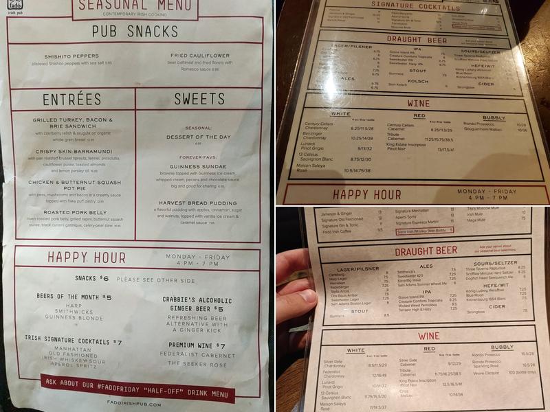 Fadó Irish Pub Menu