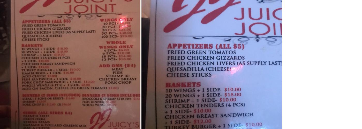 Juicy's Joint Menu