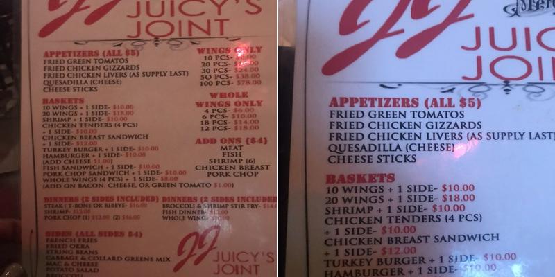 Juicy's Joint Menu