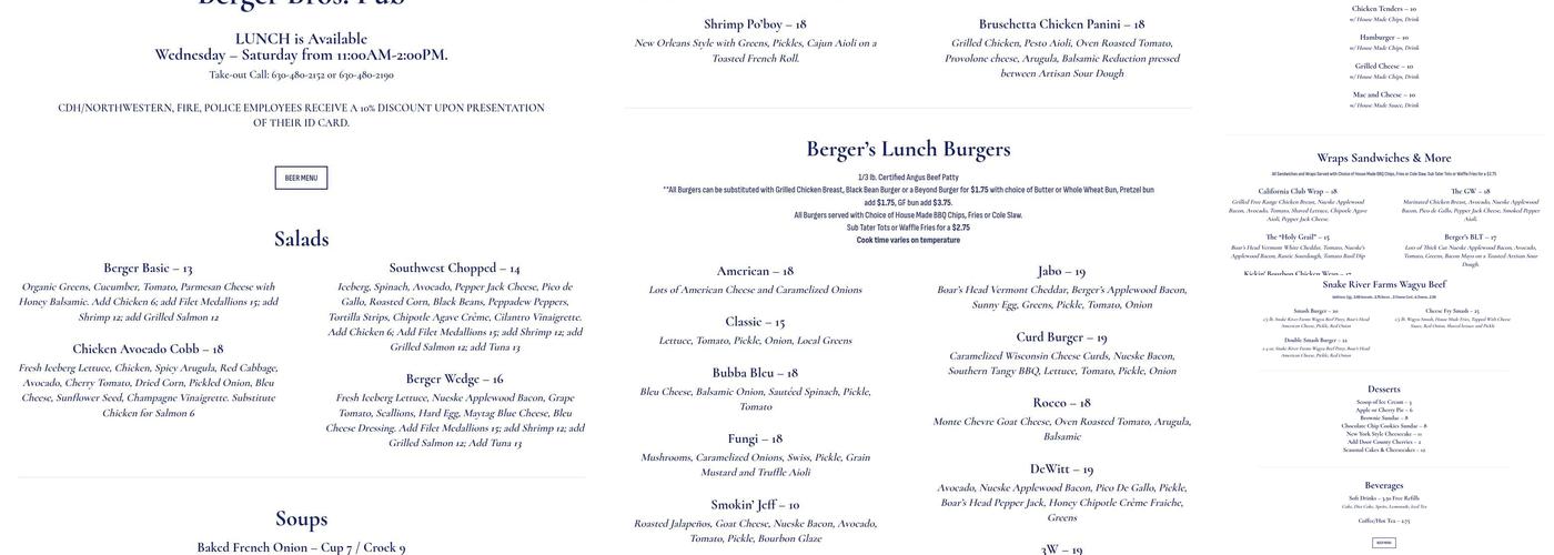 Berger Bros Pub Menu
