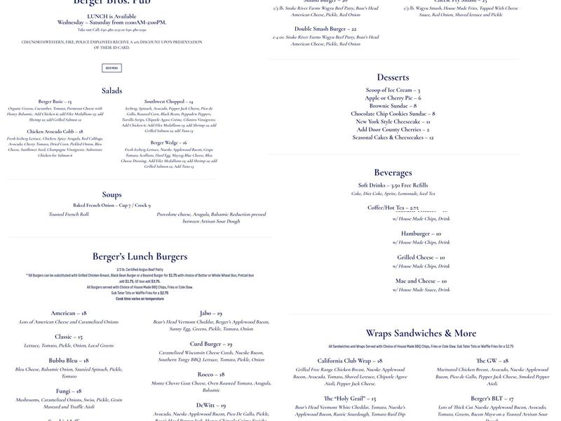 Berger Bros Pub Menu