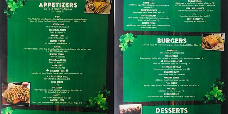 Mulligans Menu