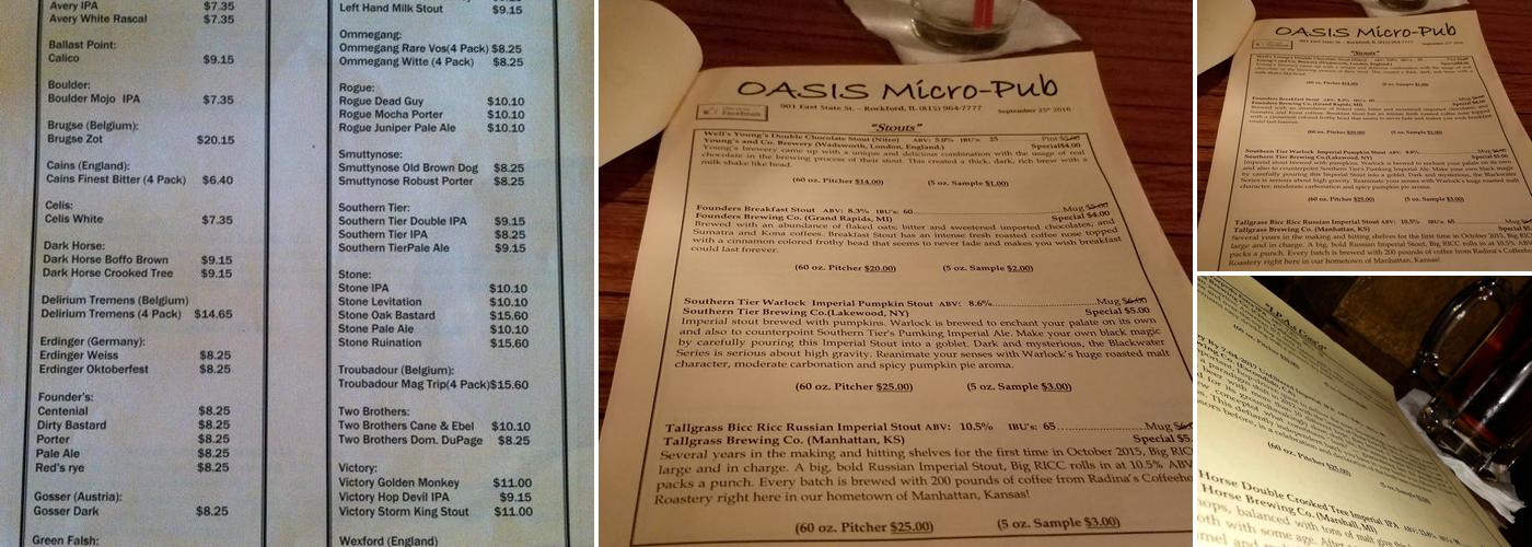The Oasis Micro-Pub Menu