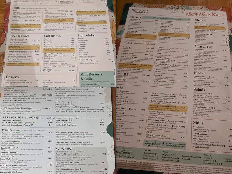 Prezzo Italian Restaurant London St Martins Lane Menu