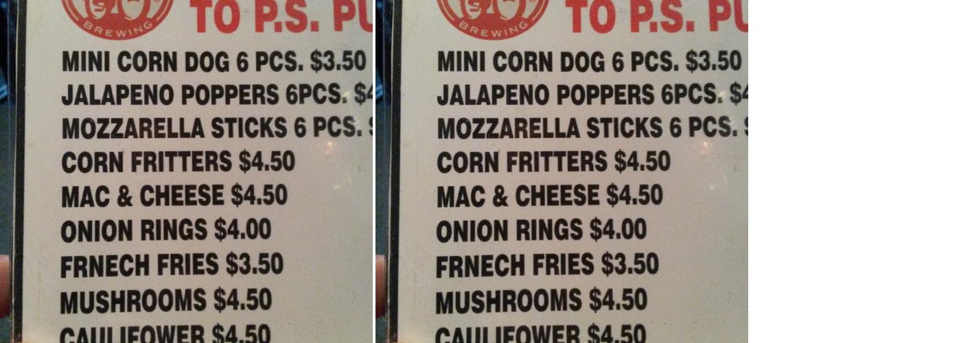 P S Pub Menu