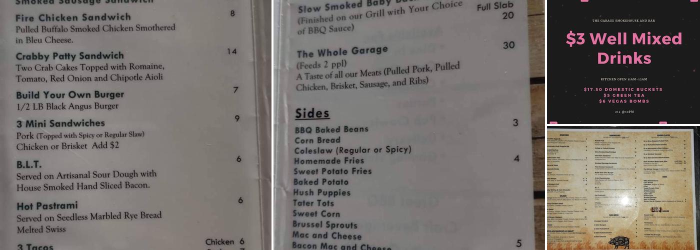 The Garage Smoke House & Bar Menu