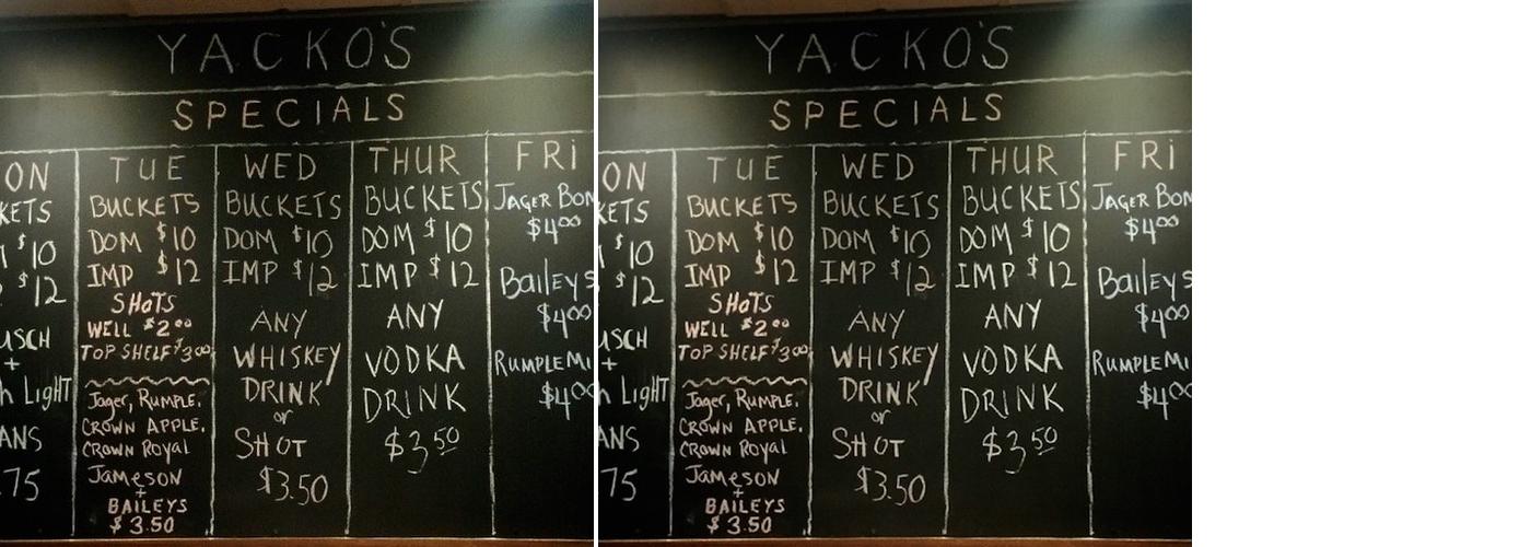 Yacko's Bar in Niles Menu