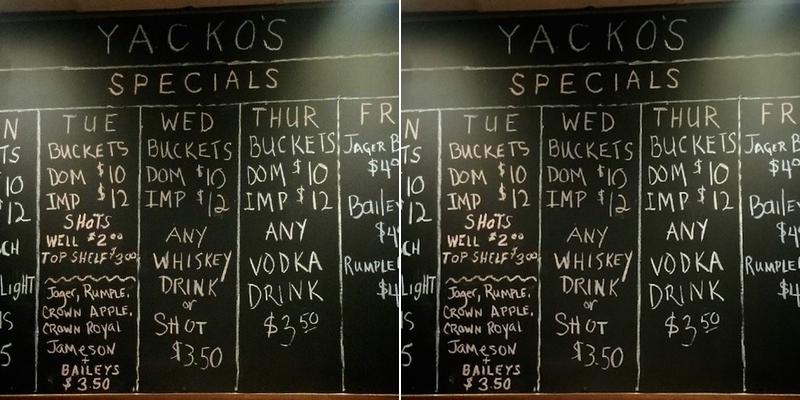Yacko's Bar in Niles Menu