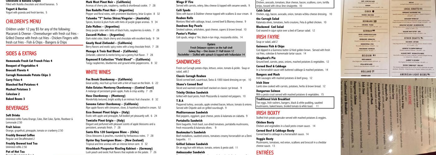The Curragh Irish Pub Menu