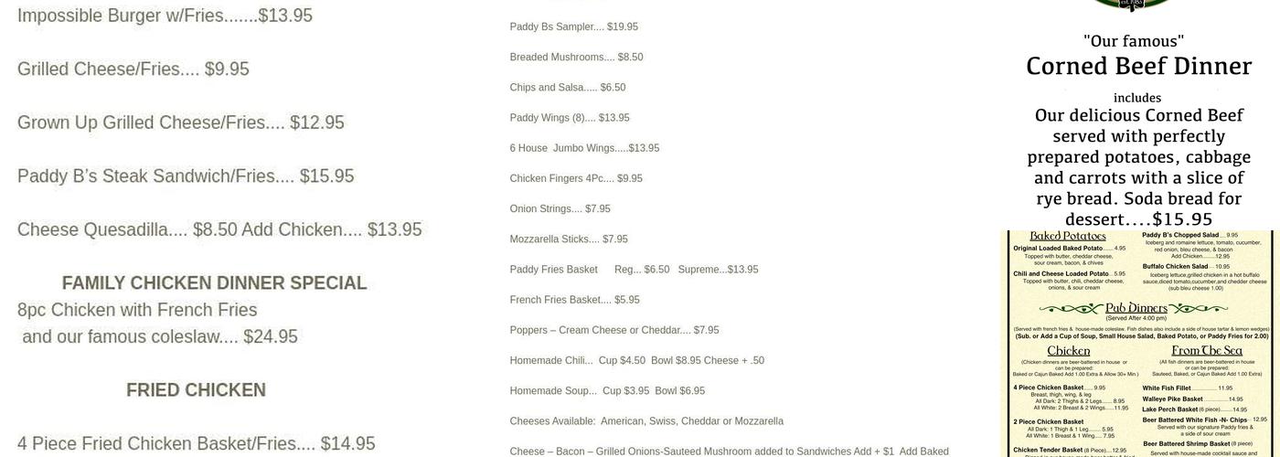 Paddy B's Menu