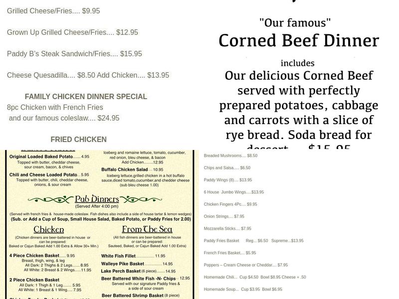 Paddy B's Menu