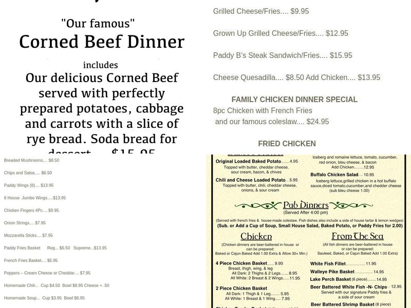 Paddy B's Menu